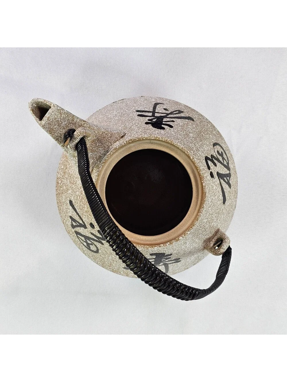 Vtg Japanese Ceramic Tea Set Teapot and 2 Cups Kanji Calligraphy Tan Black Glaze